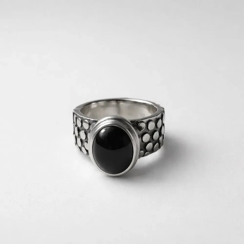 Oval Onyx Black Stone Sterling Silver Men’s Ring – size 8.25 Masculine